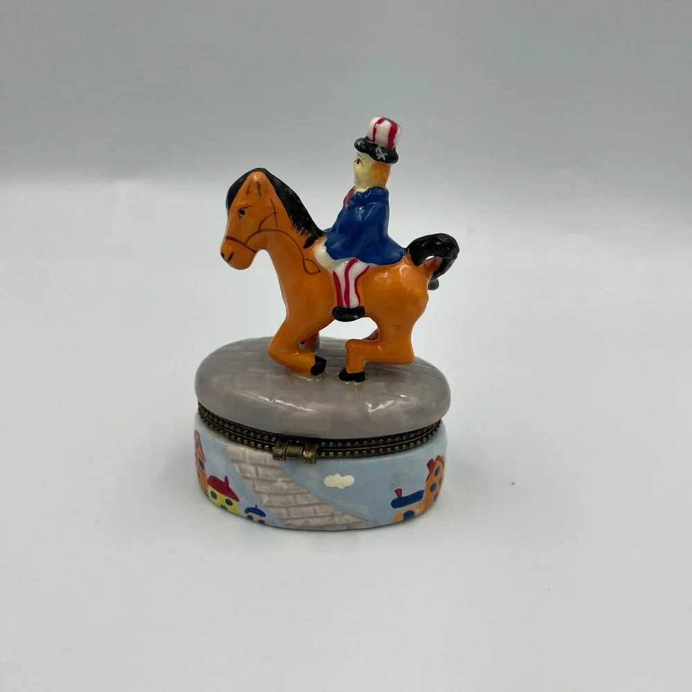 Vintage Uncle Sam Ceramic Trinket Box‎ Americana Patriotic Jewelry Box Horse